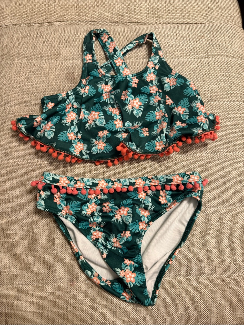 Kids Teal Floral Two-Piece Swim Set with Coral Pom Trim